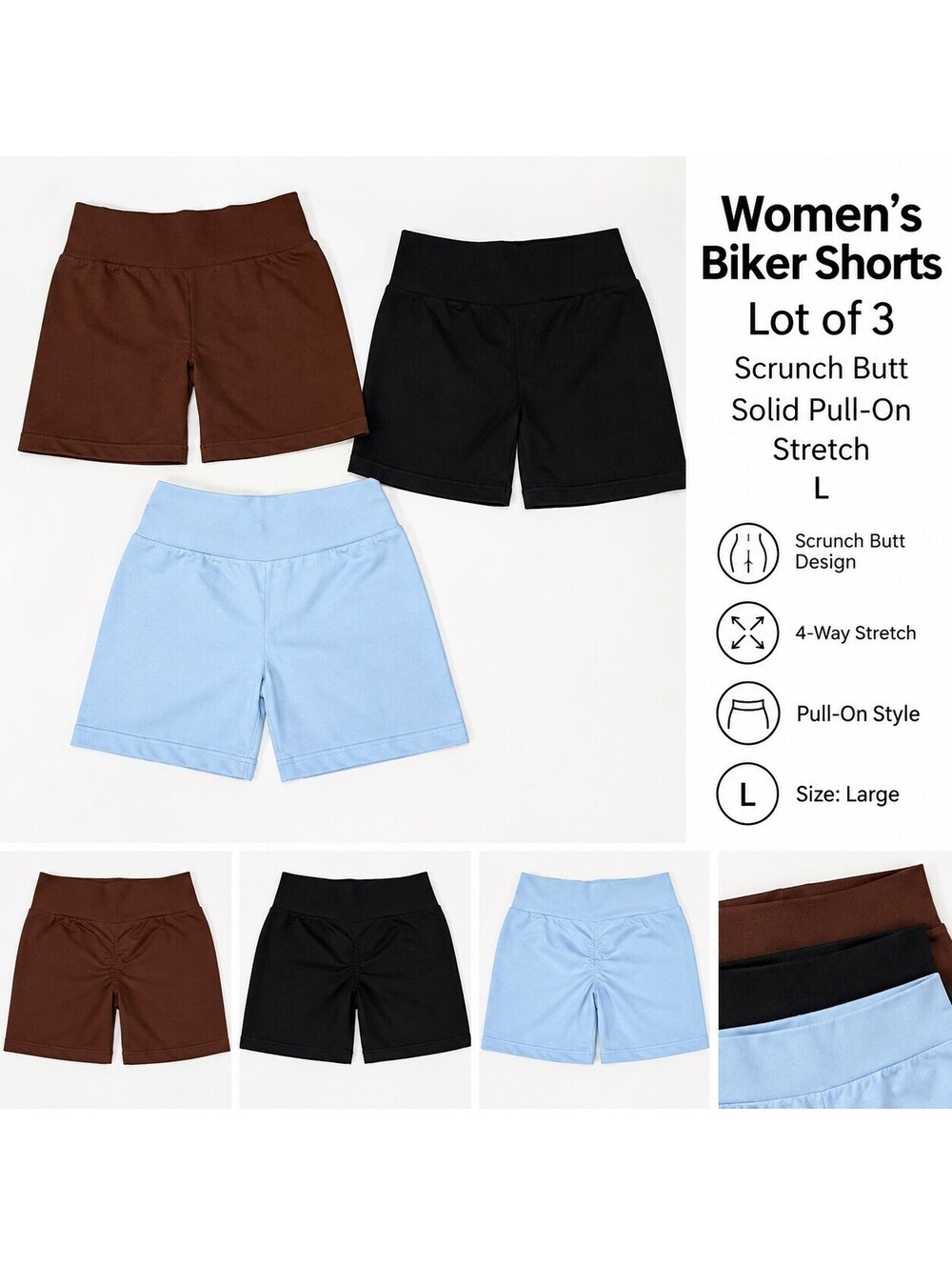 Womenโs Biker Shorts Lot of 3 Scrunch Butt Solid Pull-On Stretch L